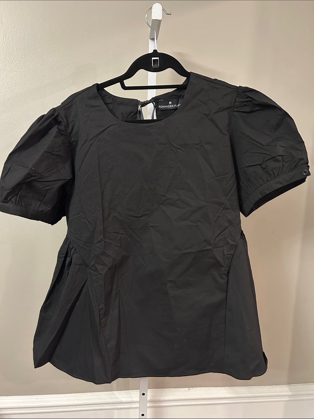 Pomander Place Black Puff Sleeve Peplum Blouse